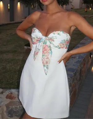 ZARA Floral White Strapless Dress thumbnail 4