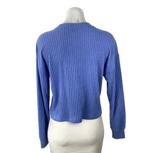 Aritzia Wilfred Free Women Blue Ribbed Knit Long Sleeve Cropped Sweater Top Sz S thumbnail 4