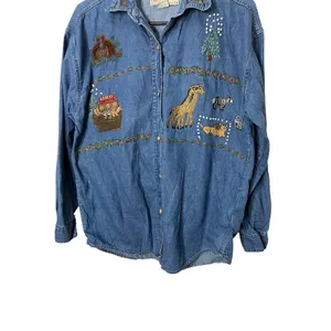Vintage 90s BSA Embroidered Denim Shirt Noah's‎ Ark Animal Print Medium thumbnail 4