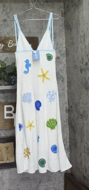 Capittana Sea-Inspired Embroidered Maxi Dress Neutral Tone Off White / Blue M/L thumbnail 1