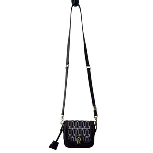 Tory Burch Mini Crossbody‎ Navy Brown Logo Jacquard Lock Bag thumbnail 3