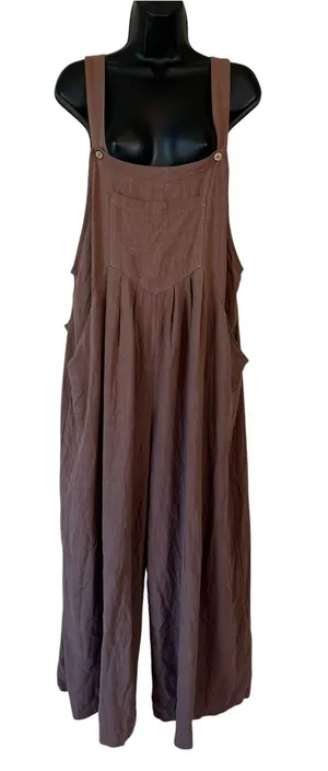 Caracilia Brown Wide-Leg Linen-Blend Overalls Jumpsuit thumbnail 1
