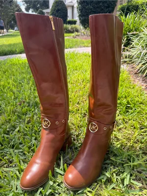 Michael Kors Heather Boots Women’s Brown Leather Knee High Riding Logo Strap thumbnail 3