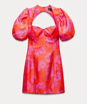 Zara dress mini puff wide sleeve cut out hot Pink Floral wedding summer vacation thumbnail 3