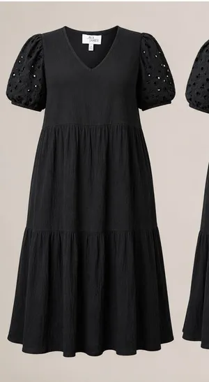 Ava James Womens 1X Black Tiered Babydoll Dress Eyelet Puff‎ Sleeve V Neck Midi thumbnail 1