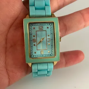 Women’s Aqua Blue Rectangular Analog Watch Gold Case Working New Battery thumbnail 7