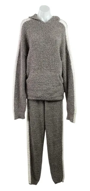 Skims Women's Gray Cozy Knit Teddy Stripe Fleece Hoodie Jogger Lounge Set S/M thumbnail 1