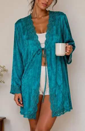 Y2K Victoria’s Secret Robe Floral Embroidered Beaded Size M/Large Teal Blue VTG thumbnail 1