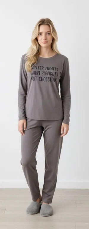 Cozy Comfort Womens Taupe‎ Long Sleeve Pajama Set Winter Nights, Size M, NEW thumbnail 1