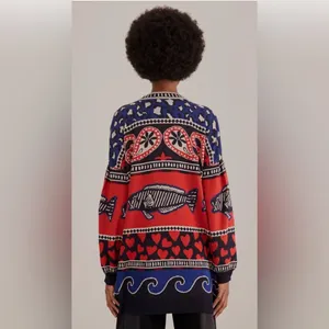Farm Rio‎ Navy Mixed Print Knit Cardigan Sz Small Oversized Dopamine Teacher thumbnail 3