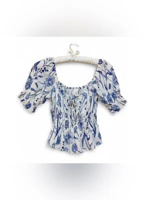 H&M Women’s Cotton Floral Smocked Peplum Puff Sleeve Crop Top Size Medium thumbnail 2