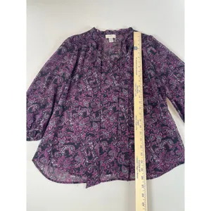 LOFT Blouse Size M Purple Magenta Paisley Sheer Long Sleeve V Neck Boho thumbnail 4