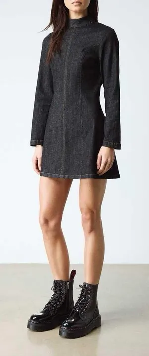 Zara Black Long-Sleeve Mini Dress with High Neck Size XL 97% Cotton thumbnail 1