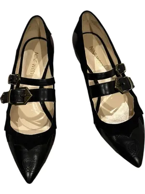 Nine West Black Pointed Double-Buckle Suede Leather Mary Jane Flats Alina 6 thumbnail 2
