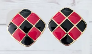 Vintage Clip On Earrings Black, Red, Gold Tone Checkered Pattern Red thumbnail 1