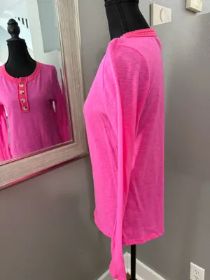 Bibi Hot Pink Barbiecore Crochet Trim Henley Size Small. thumbnail 2