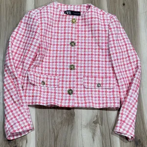 Zara Textured Houndstooth Blazer Pink White Women’s XS thumbnail 1