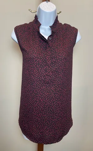 Ann Taylor Top Black Red Polka Dots Sleeveless Mock Neck Ruffle Chiffon Size M thumbnail 1
