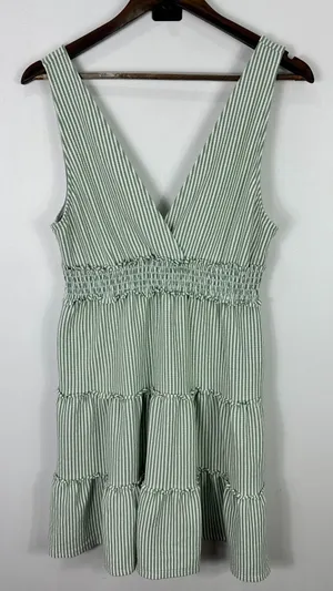 American Eagle Dress M Green Stripe Smocked Tiered Cottagecore Coastal‎ Granola thumbnail 1