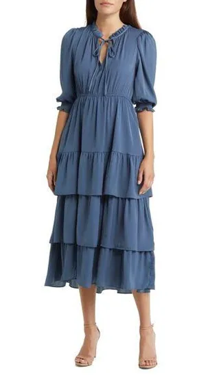 Melloday Women's Medium Elegant Blue Tiered Midi Dress thumbnail 1