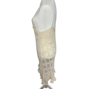 Aerie Crochet Knit Midi Dress Boho Ruffle Hem Beach Coverup Cream Festival sz M‎ thumbnail 4