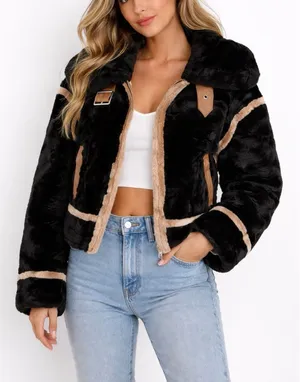 Faux Shearling Aviator Jacket Black Tan Faux Fur Moto Coat S thumbnail 1