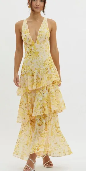 One And Only Collective Yellow Floral Ruffle Open Back Dress thumbnail 1