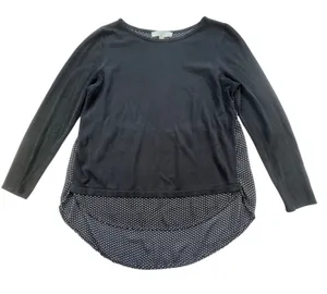 Loft Ann Taylor Mixed Media Polka Dot Sweater Black Womens Medium High Low Top thumbnail 1