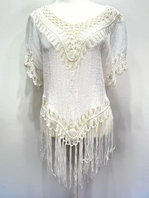 Boho Hippie White Gauzy Cotton & Crochet Lace with Fringe Top Size Medium thumbnail 1