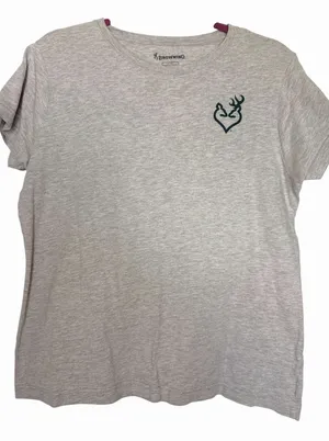 Browning Women's Size Large Heather Gray Mossy Oak Buck Heart SS Tee Glitter thumbnail 1