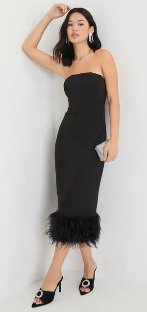 NWOT Lulu's Fancy Behavior Black Bustier Strapless Feather Midi Dress Size Small thumbnail 1