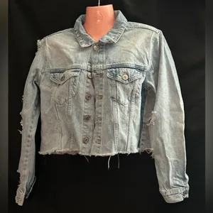 Forever 21 Los Angeles Women’s Distressed Frayed Crop Denim Jean Jacket LG thumbnail 1