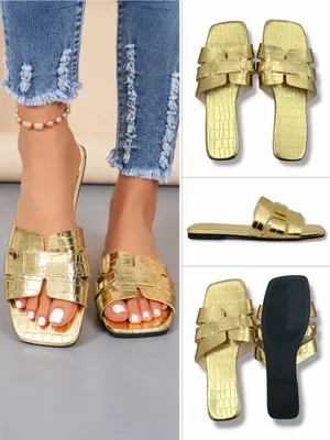 SHEIN | NWT Gold Croc-Embossed Slide Square Toe Beach Sandals (Size 42) thumbnail 2