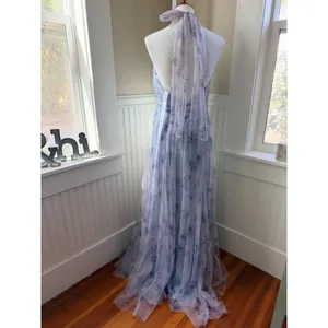Dessy Collection 3131 Halter Tulle Floral Bridesmaid Maxi Dress Blue 10 NWT thumbnail 3