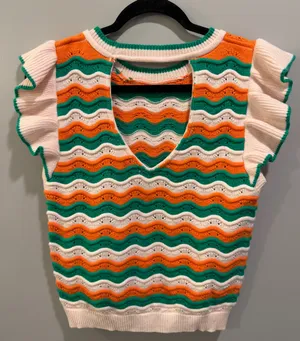 THML Flutter Sleeve Pink, Green, and Orange Wave Print Knit Top thumbnail 3