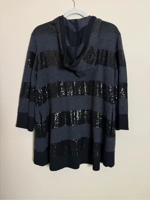 Alice + Olivia Black and Gray 100% Wool Sequin Hooded Button Cardigan Medium thumbnail 2
