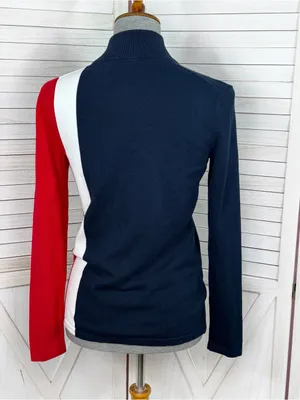 Tommy Hilfiger Quarter Zip Mock Neck Colorblock Logo Sweater Size Small Preppy thumbnail 4