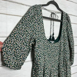 American Eagle Green Floral Babydoll Dress XL Scoop Back Tie Tassels thumbnail 10