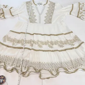 Hale Bob White Gold Embroidered Boho V Neck Tiered Gauze Taliah Dress MEDIUM thumbnail 15