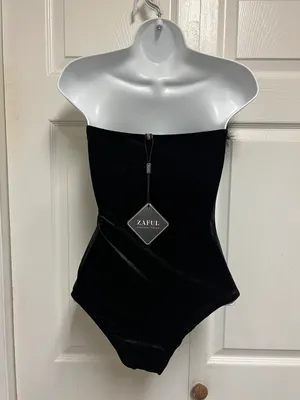 Zaful Black Velour Feather Trim Bodysuit thumbnail 7