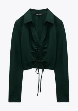 Zara Green Ruched Drawstring Collar Long Sleeve Blouse Size Medium thumbnail 1