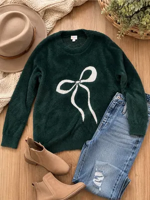 Lulus LuLaRoe Forest Green Fuzzy Bow Sweater XL Cozy Plush Pullover thumbnail 5