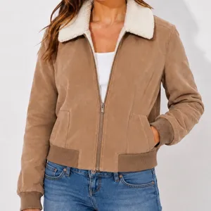 Democracy Large Faux Suede Sherpa Lined Warm Bomber Jacket Tan Large thumbnail 1