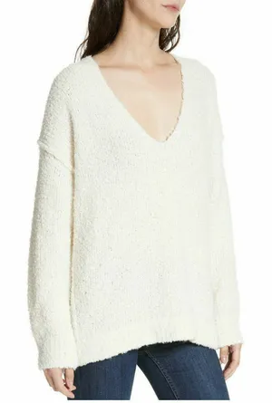 FREE PEOPLE Ivory Lofty Boucle Slouchy Vneck Pullover Alpaca Blend Sweater Small thumbnail 1