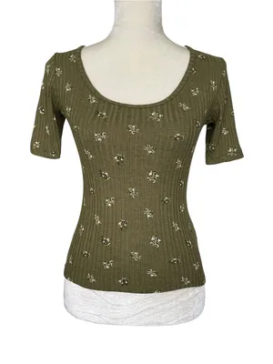 Old Navy Fitted Floral Top Women Size XS Elbow Sleeves Rib Knit Green thumbnail 1