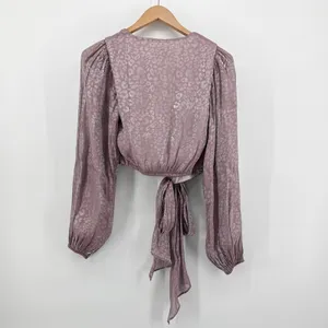 Show Me Your Mumu Joplin Wrap Blouse S Mauve Lilac Metallic Leopard Crop‎ Top thumbnail 7