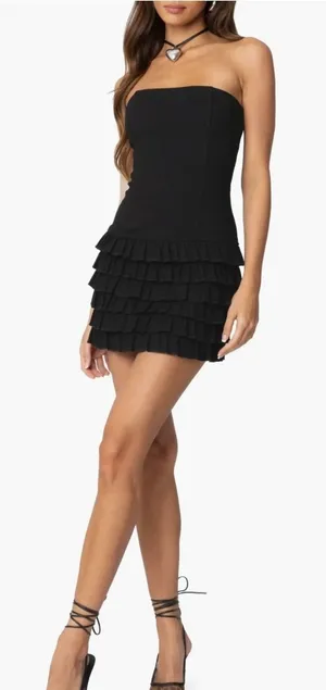 Edikted Womens Black Strapless Tiered Ruffle Mini Dress S17086 Size Small NWT thumbnail 1