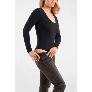 Nuuds black scoop neck long sleeve bodysuit‎ thong women's size medium fitted thumbnail 3