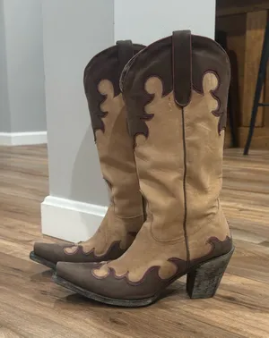 LANE Brown & Tan Two-tone Leather Western Snip-toe Heeled Cowboy Boots | Sz 9.5 thumbnail 1