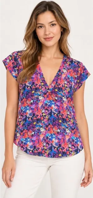 Joie 100% Silk Floral Print V-Neck Blouse Top Women's S Multicolor Cap Sleeve thumbnail 1